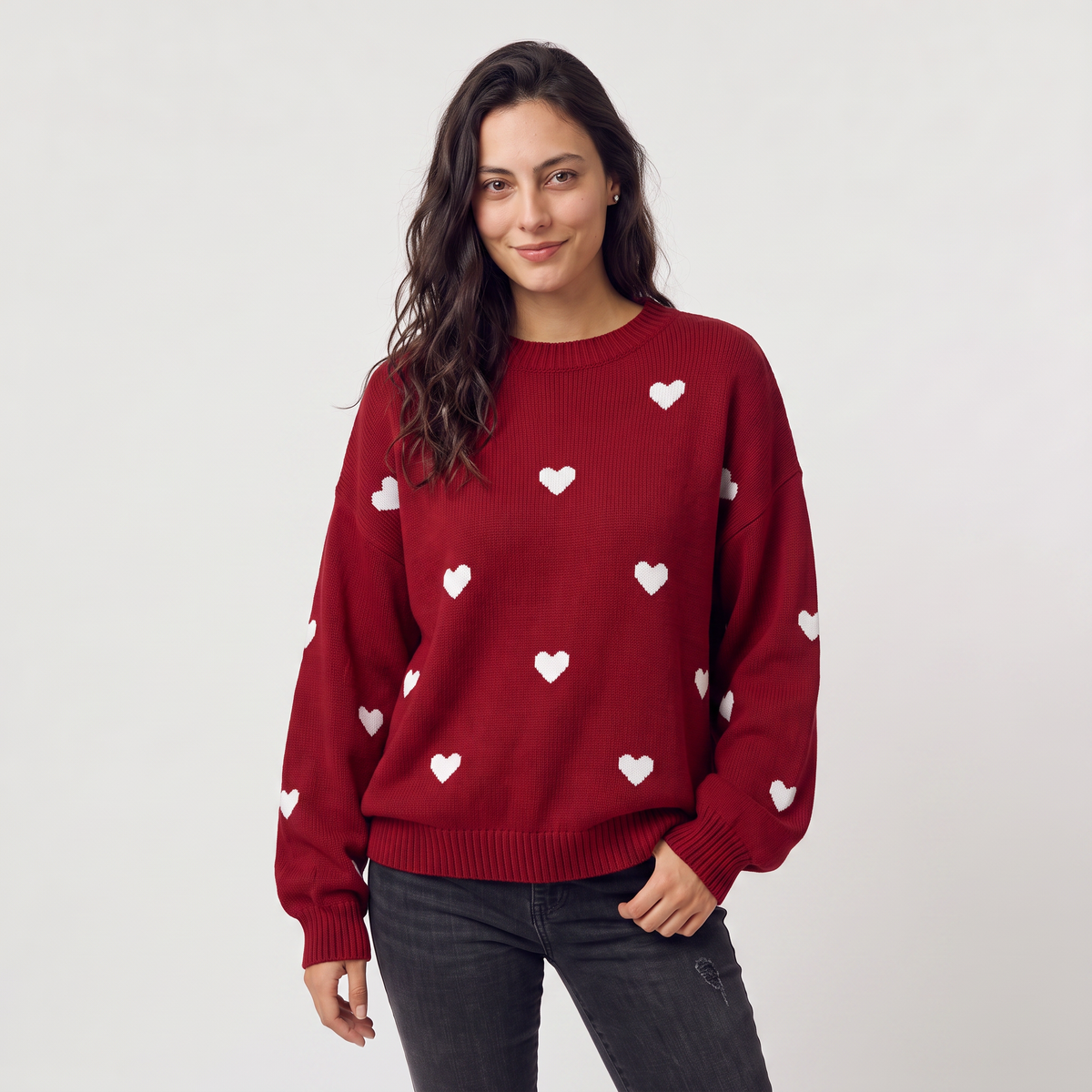 Heart Pattern Knitted Jumper - Drop Shoulder Fit