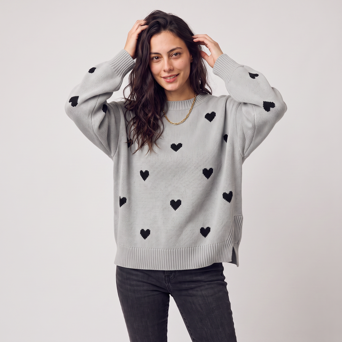 Heart Pattern Knitted Jumper - Drop Shoulder Fit