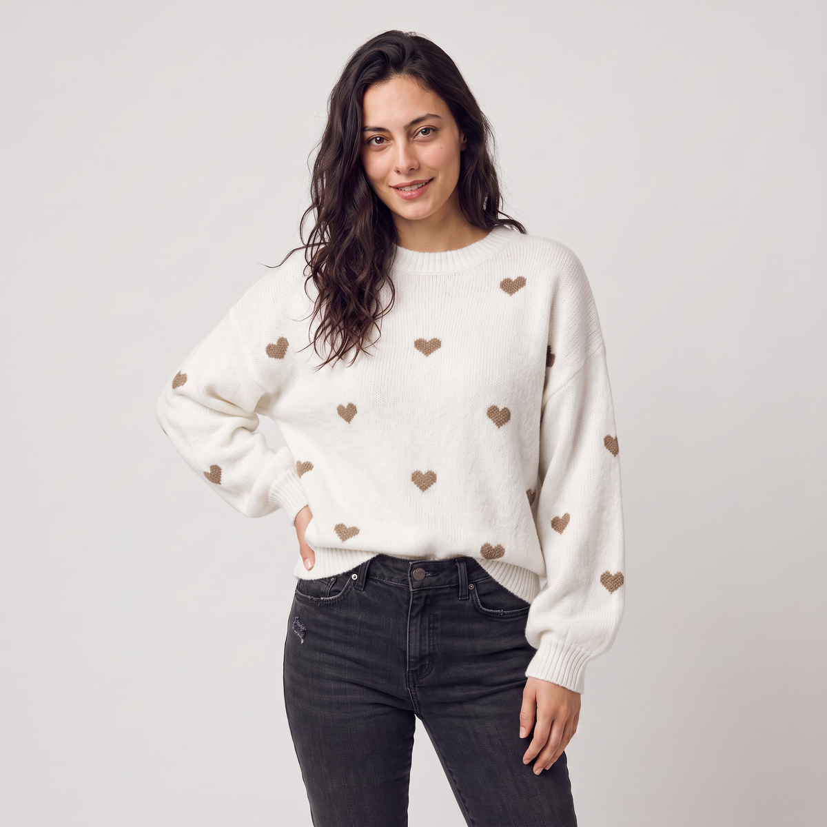 Heart Pattern Knitted Jumper - Drop Shoulder Fit