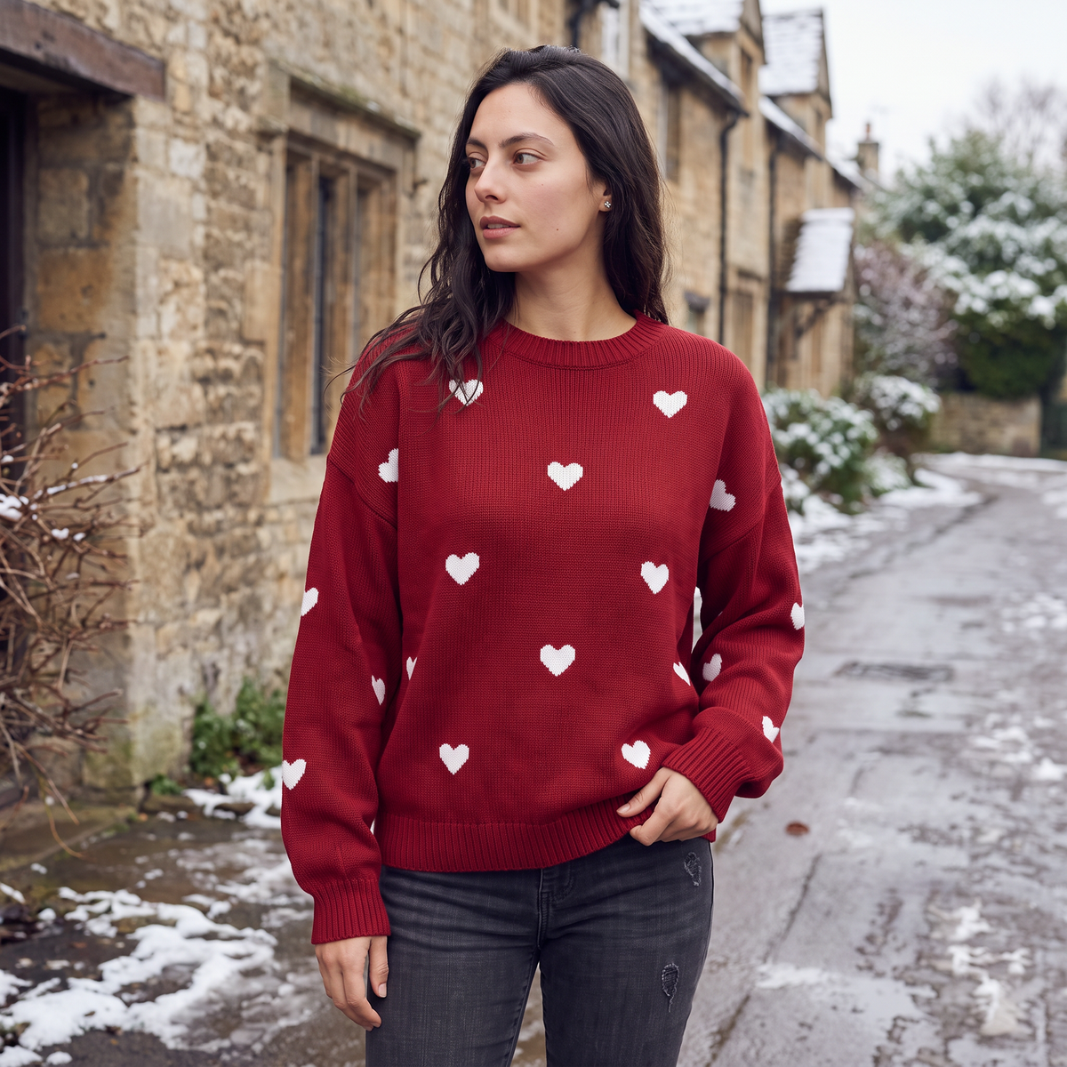 Heart Pattern Knitted Jumper - Drop Shoulder Fit