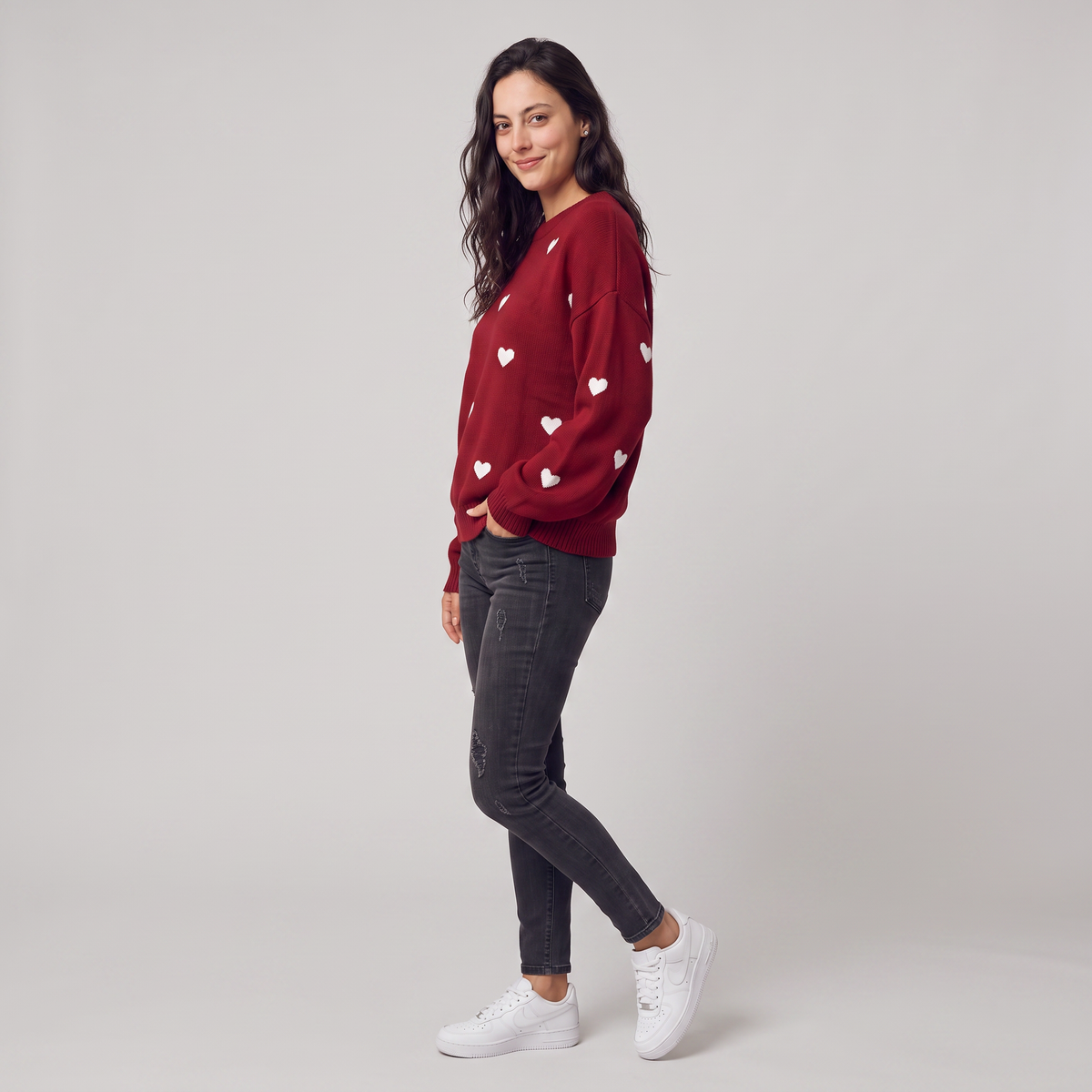Heart Pattern Knitted Jumper - Drop Shoulder Fit
