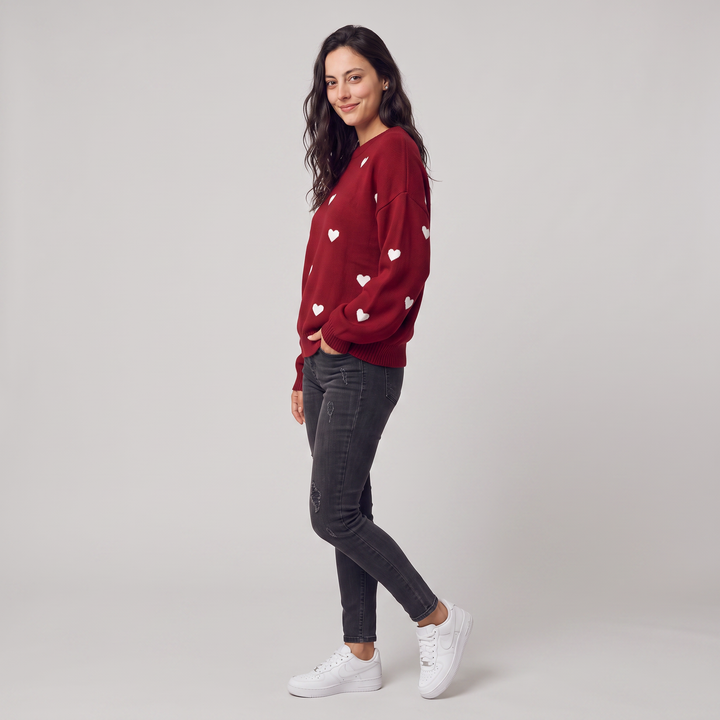 Heart Pattern Knitted Jumper - Drop Shoulder Fit