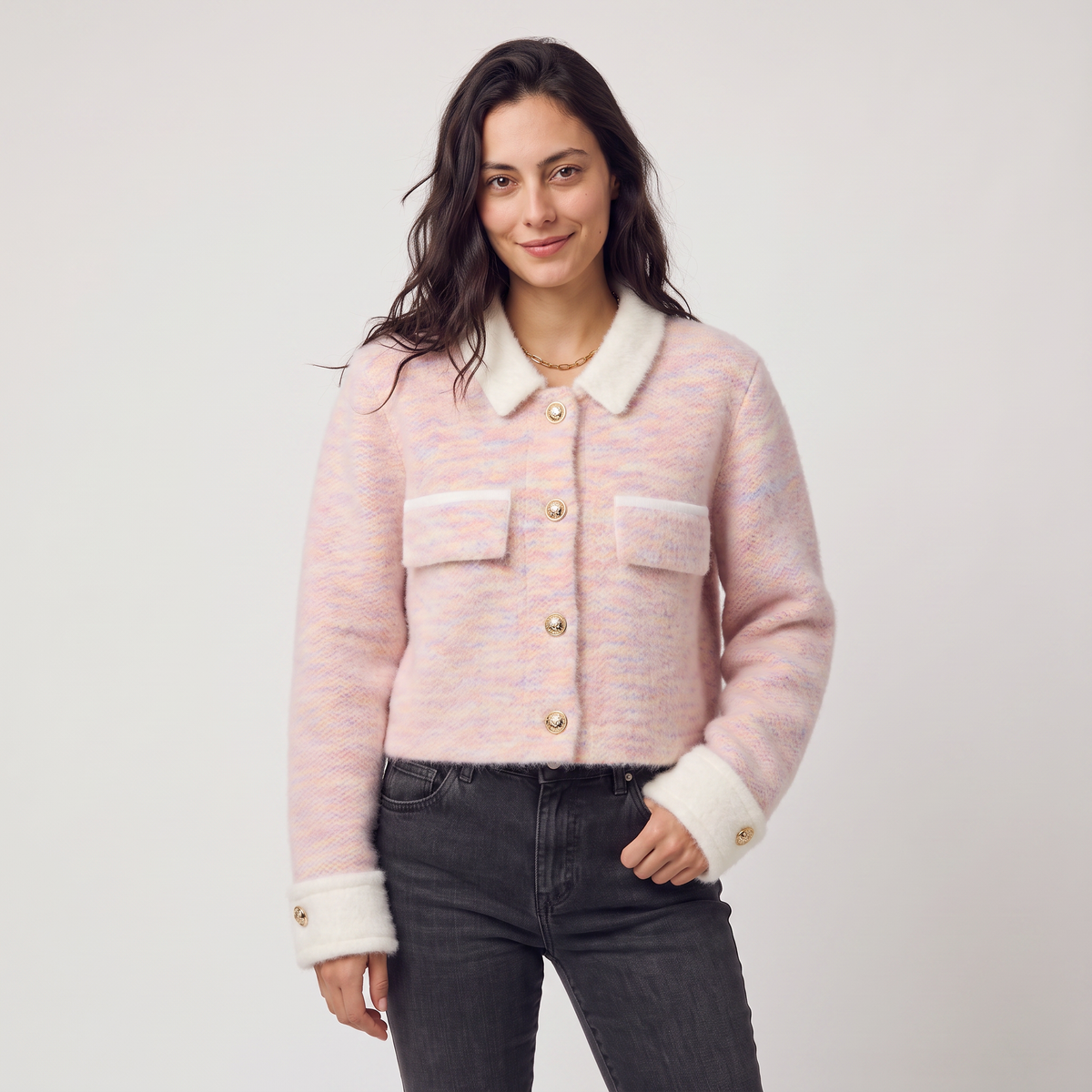 Cropped Knitted Cardigan with Contrast Collar