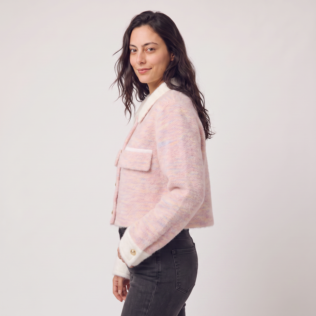 Cropped Knitted Cardigan with Contrast Collar