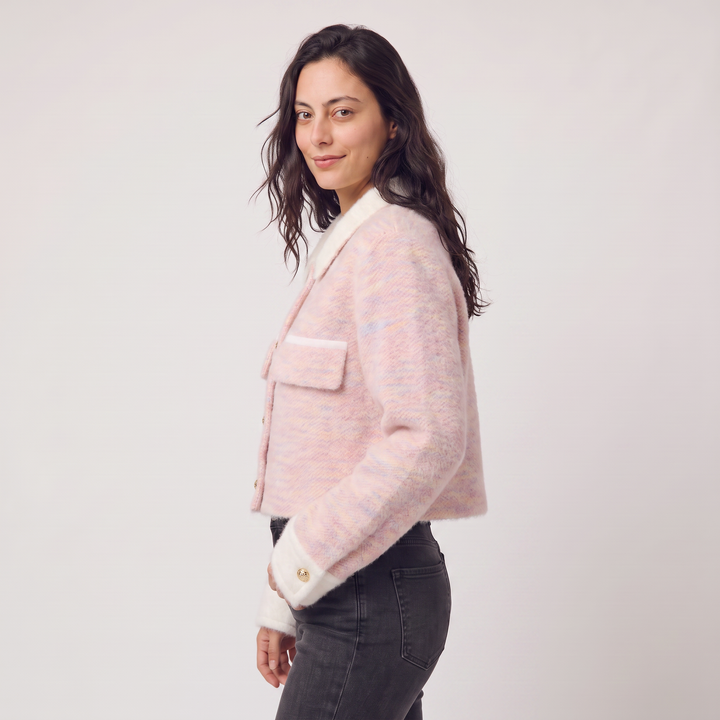 Cropped Knitted Cardigan with Contrast Collar