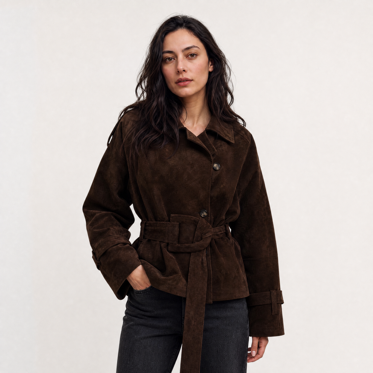Cropped Suede Trench Jacket