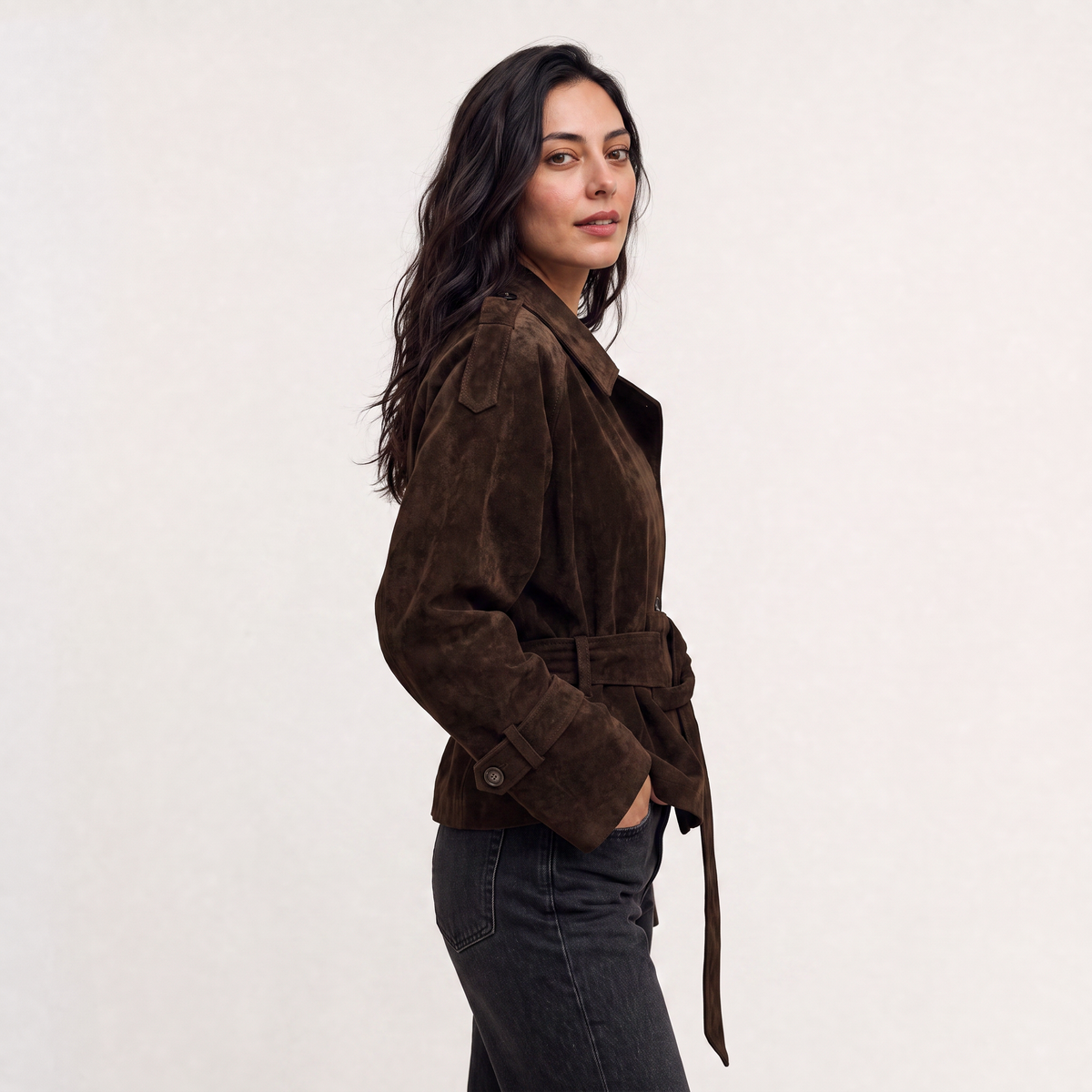 Cropped Suede Trench Jacket