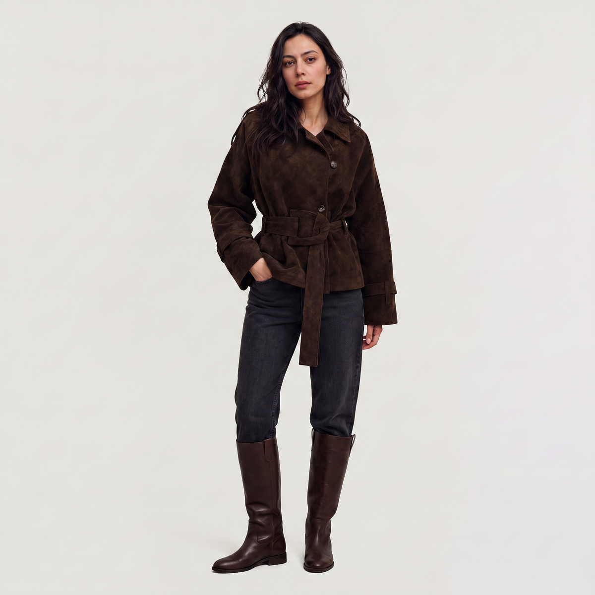 Cropped Suede Trench Jacket