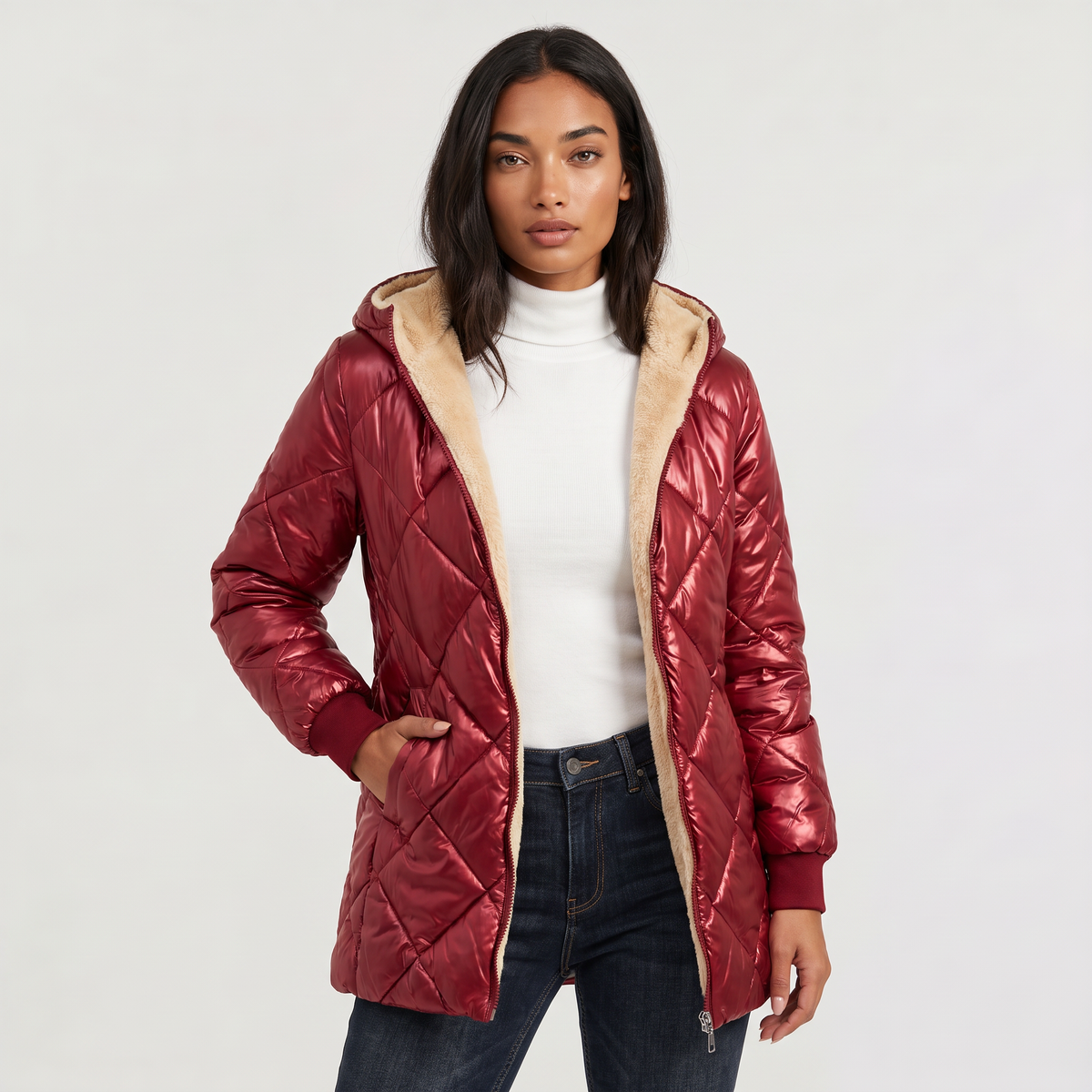 Quilted Hooded Mid-Length Jacket