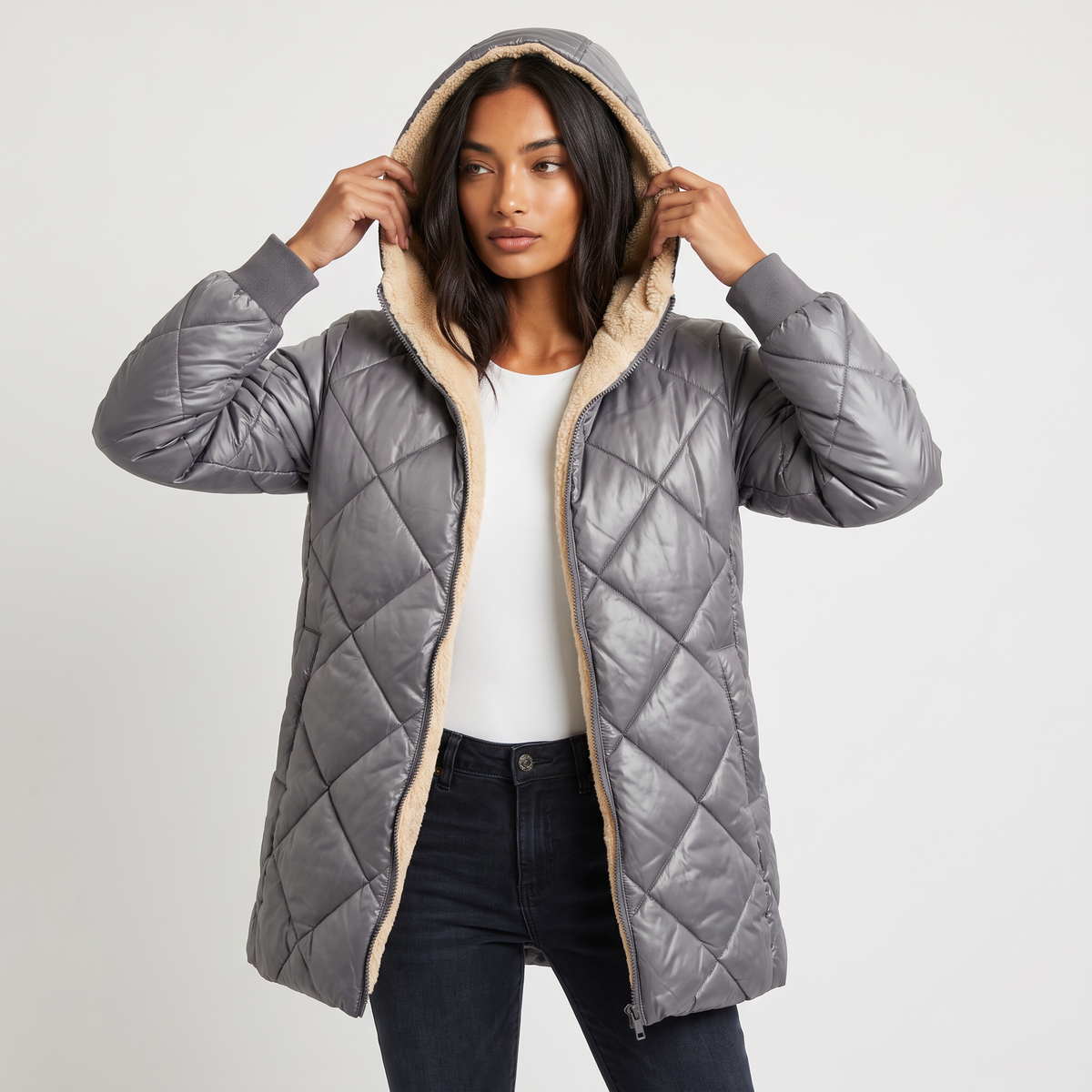 Quilted Hooded Mid-Length Jacket