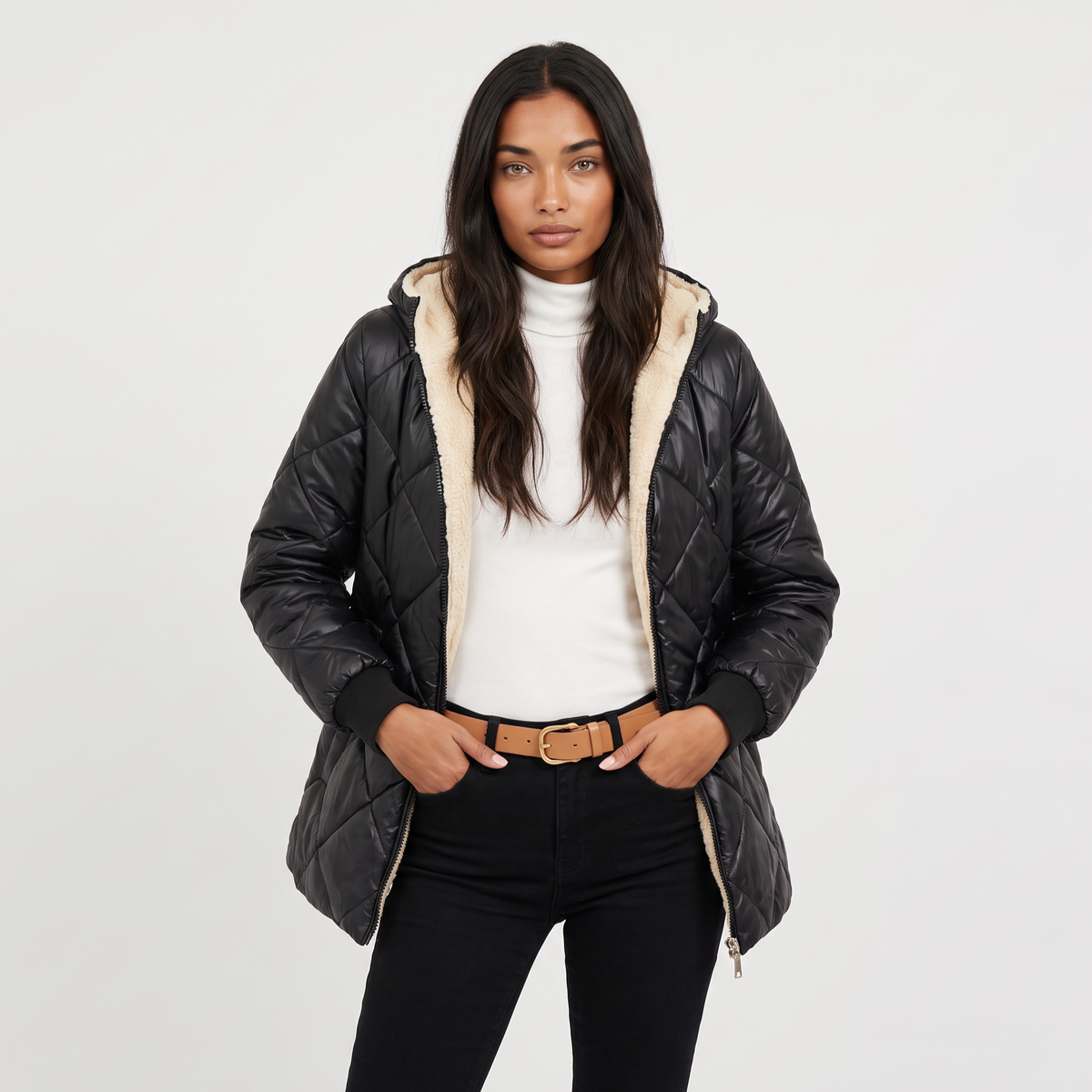 Quilted Hooded Mid-Length Jacket