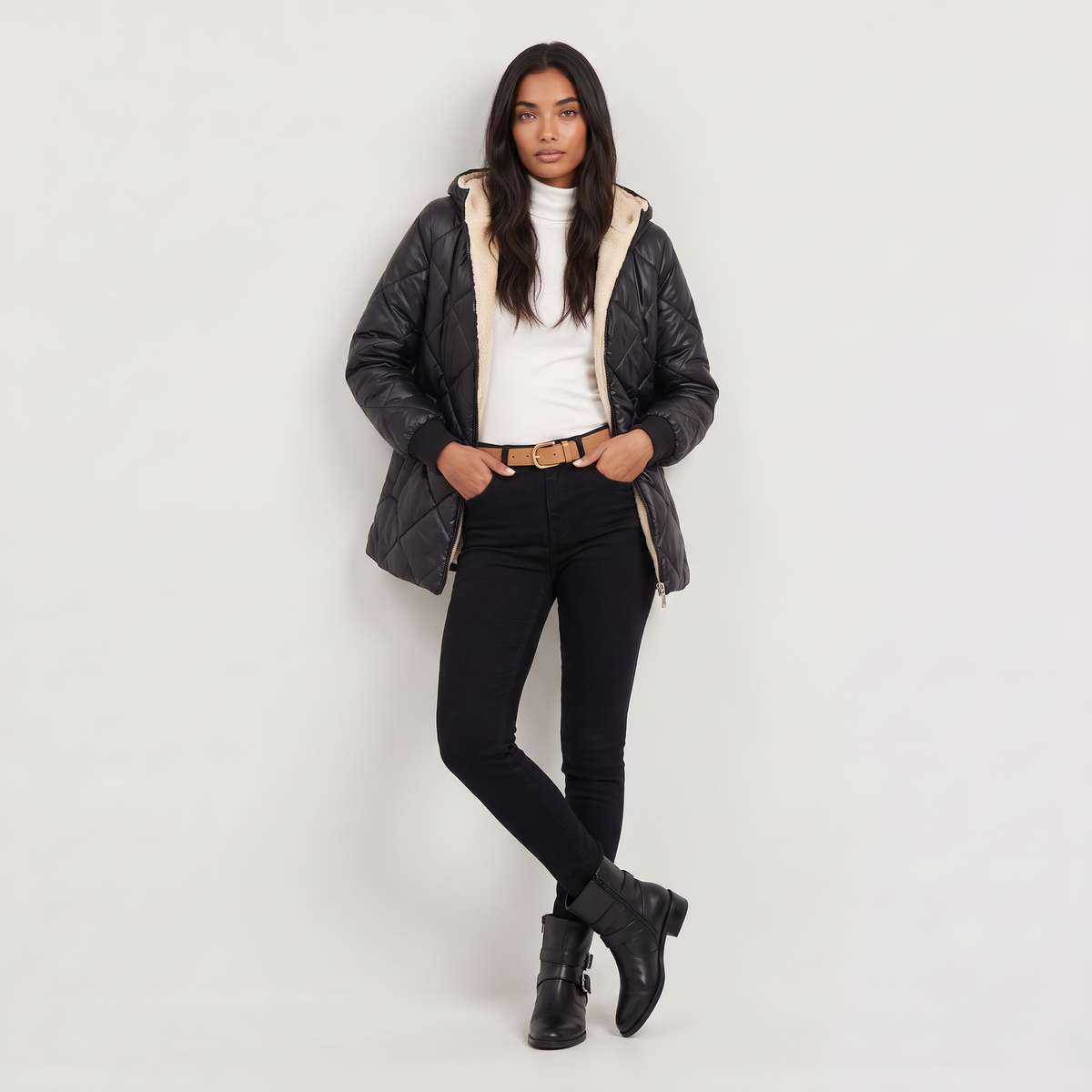 Quilted Hooded Mid-Length Jacket