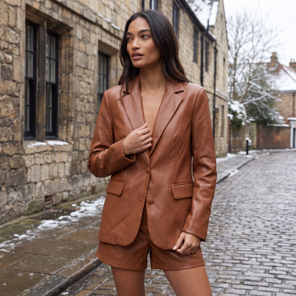 Oversized Notch Lapel Leather Blazer