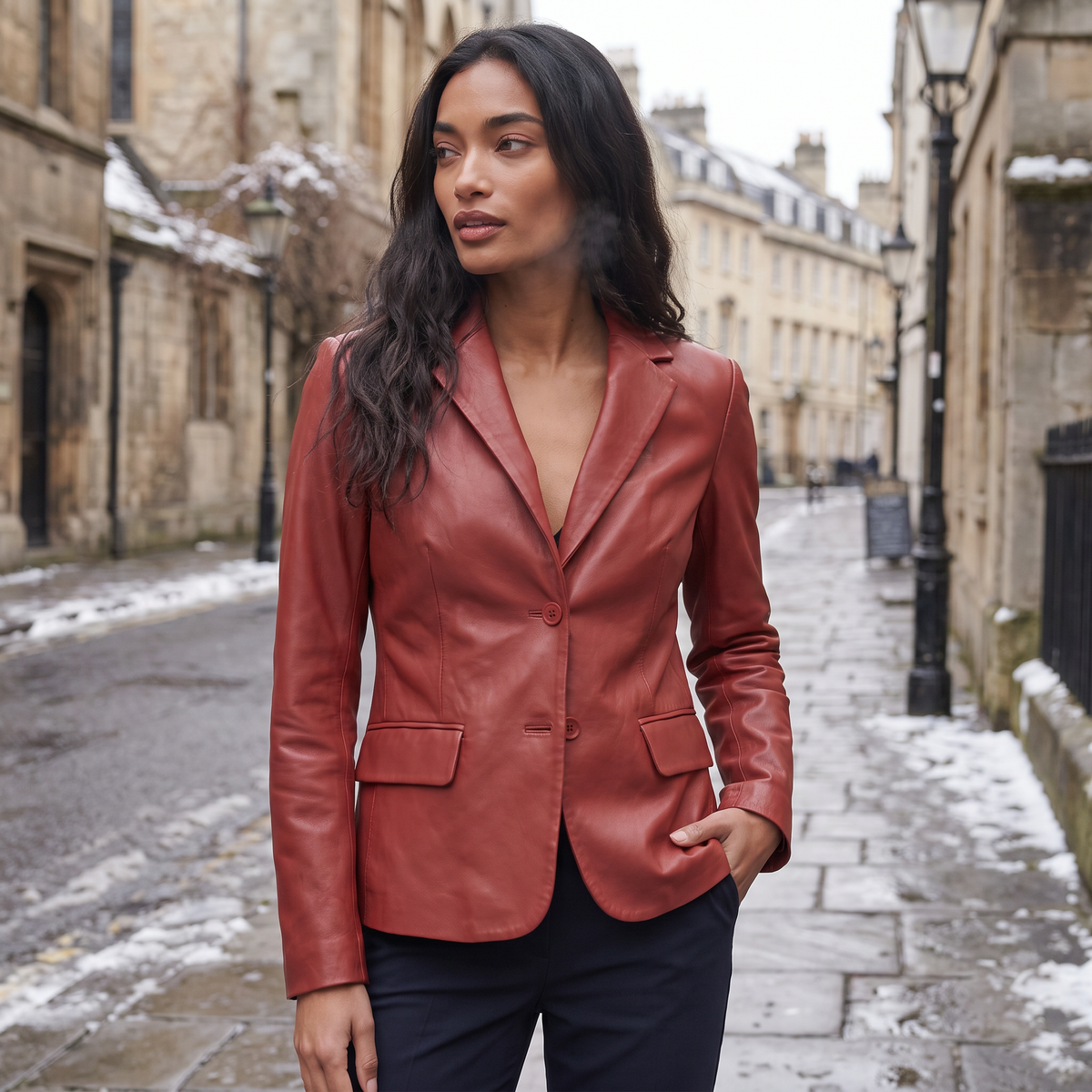 Tailored Notch Lapel Leather Blazer