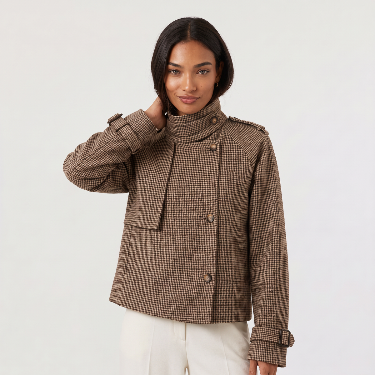Check Funnel Neck Cropped Jacket
