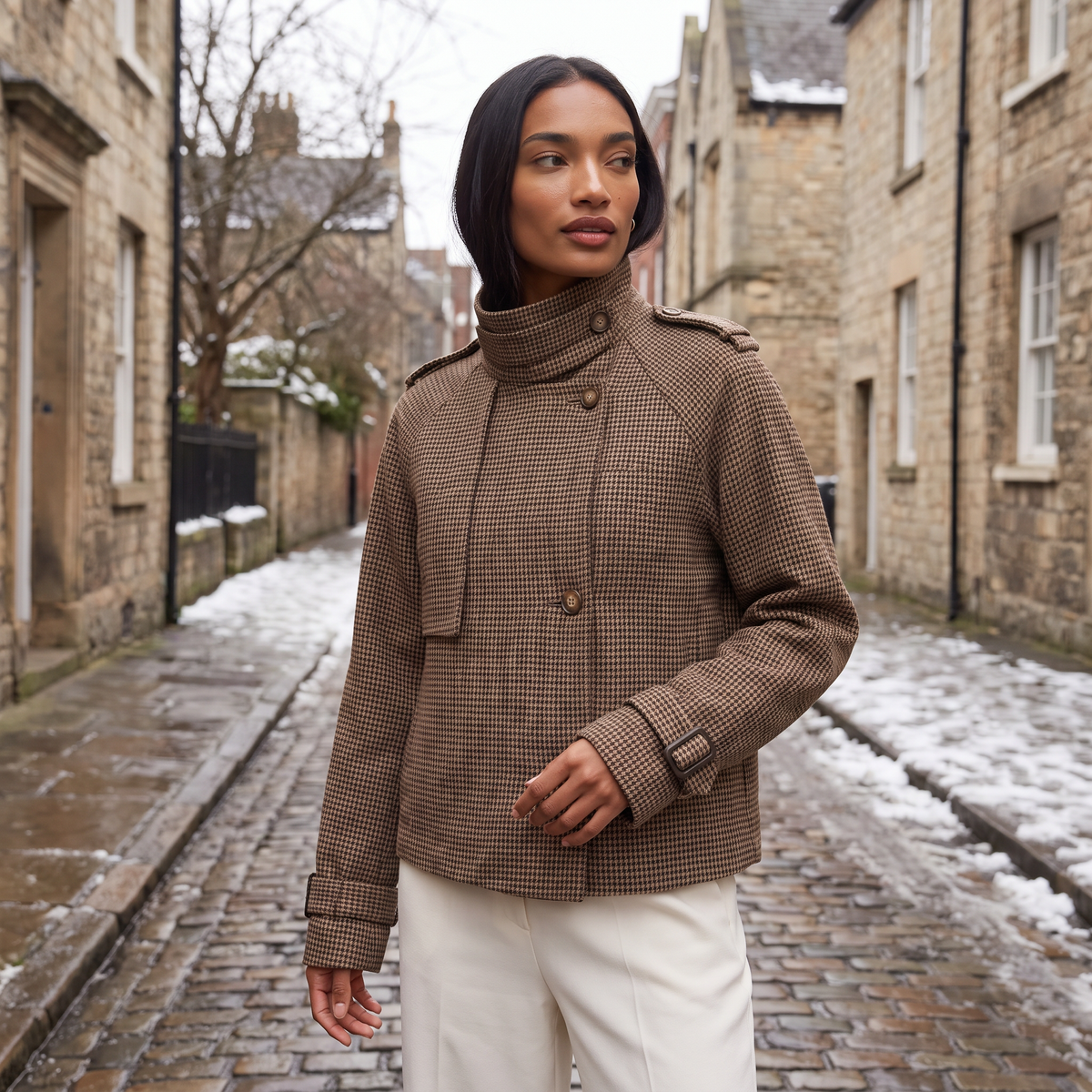 Check Funnel Neck Cropped Jacket