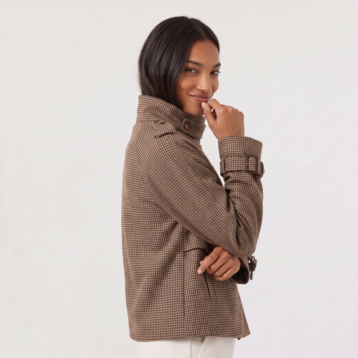 Check Funnel Neck Cropped Jacket