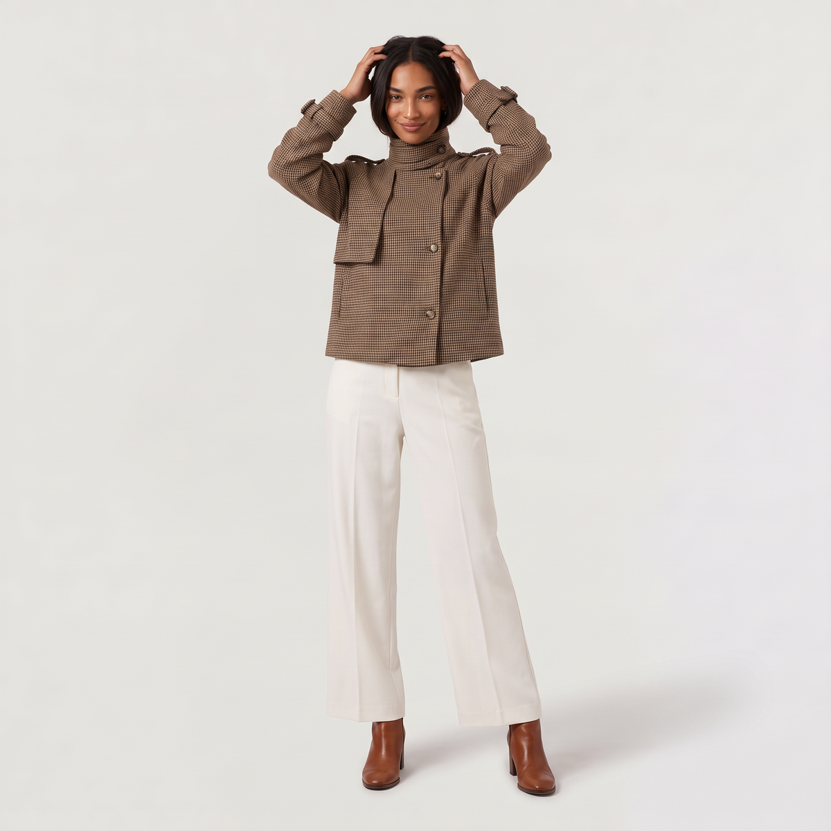 Check Funnel Neck Cropped Jacket