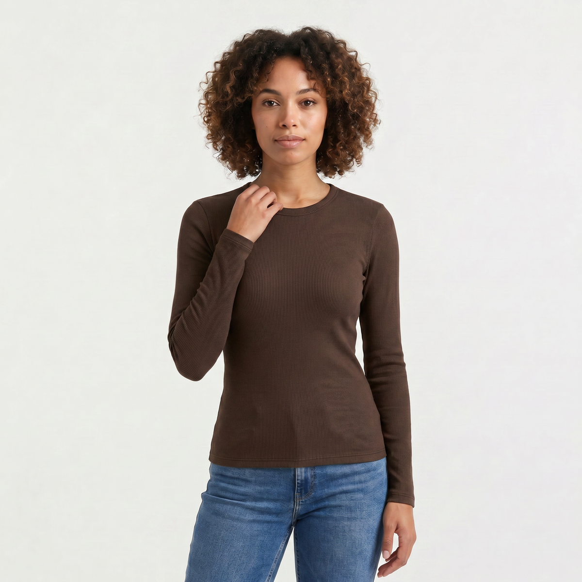 Ribbed Crew Neck Long Sleeve Top