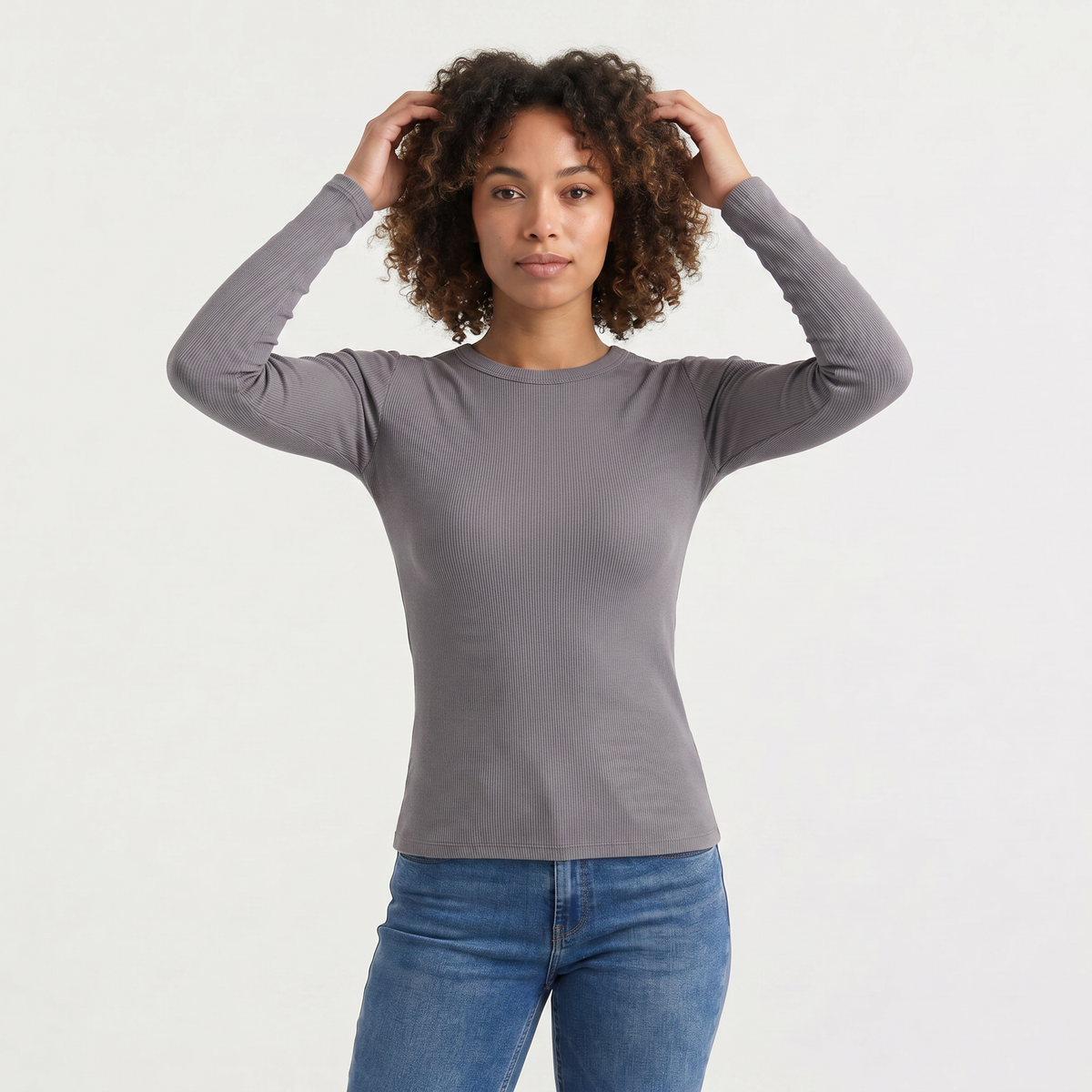 Ribbed Crew Neck Long Sleeve Top
