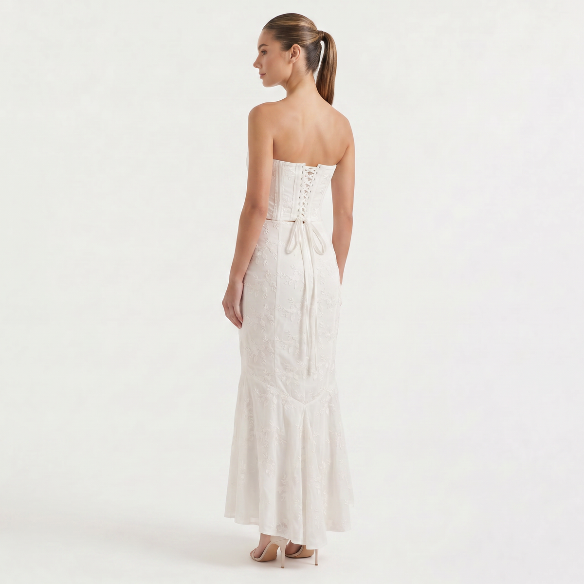 White Strapless Maxi Dress - Embroidered