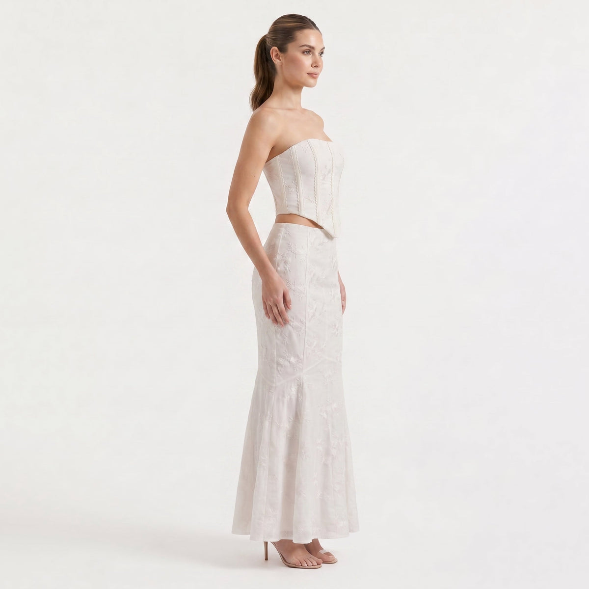 White Strapless Maxi Dress - Embroidered