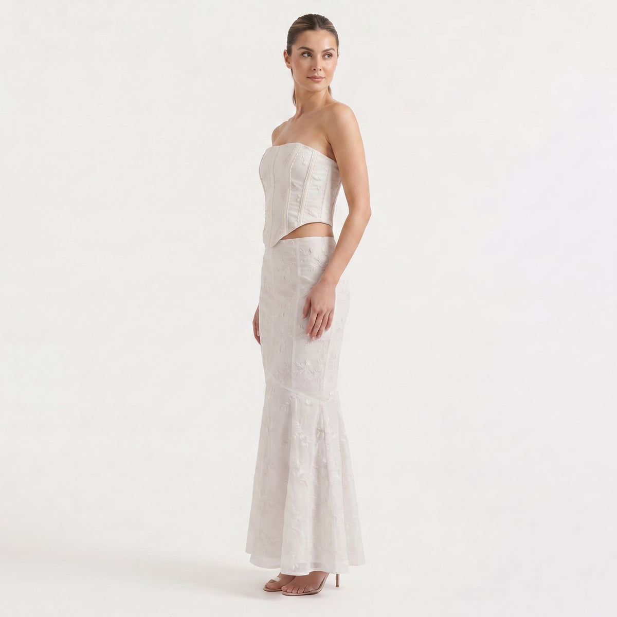White Strapless Maxi Dress - Embroidered