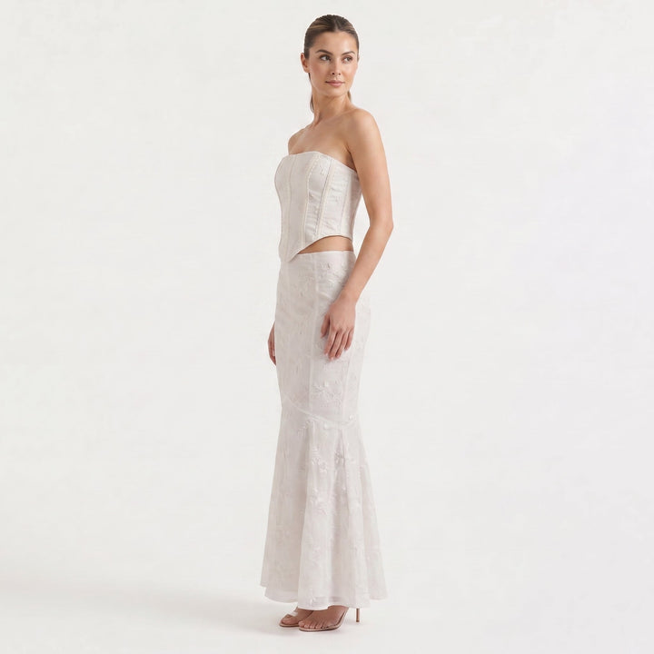 White Strapless Maxi Dress - Embroidered
