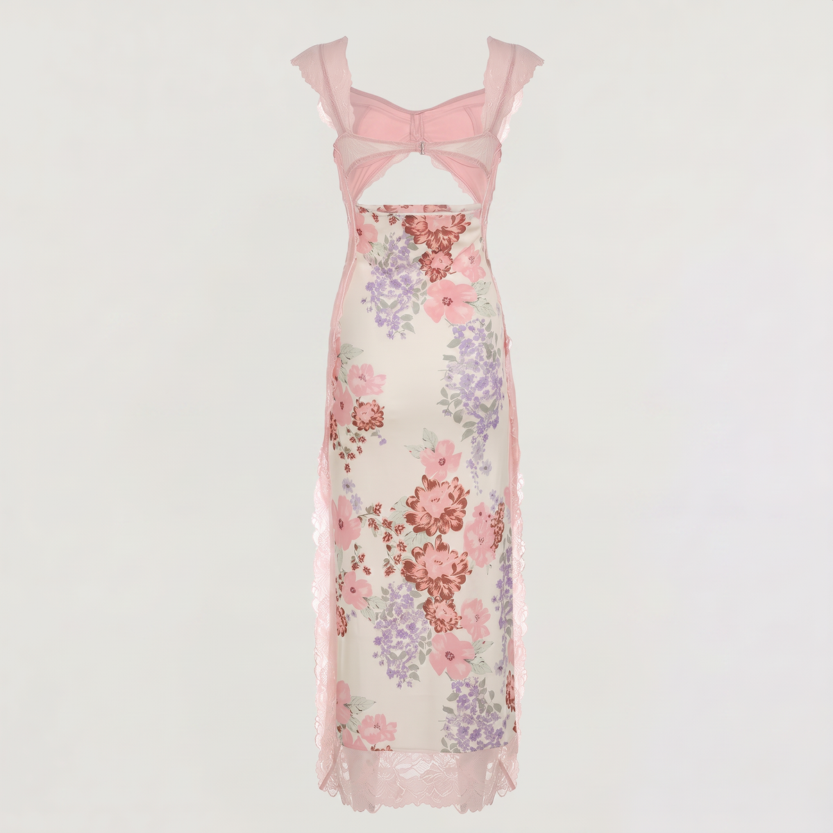 Pink Floral Hollow Lace Maxi Dress