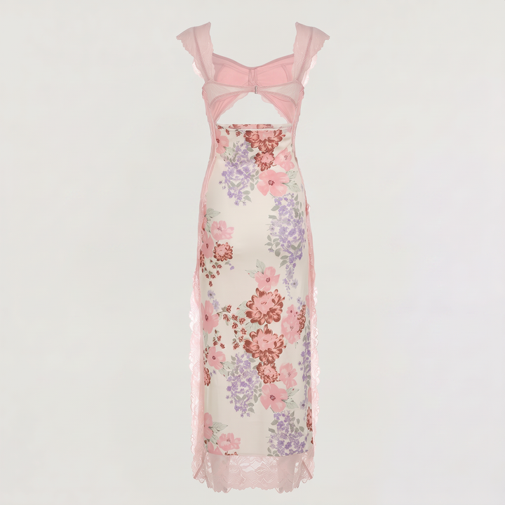 Pink Floral Hollow Lace Maxi Dress