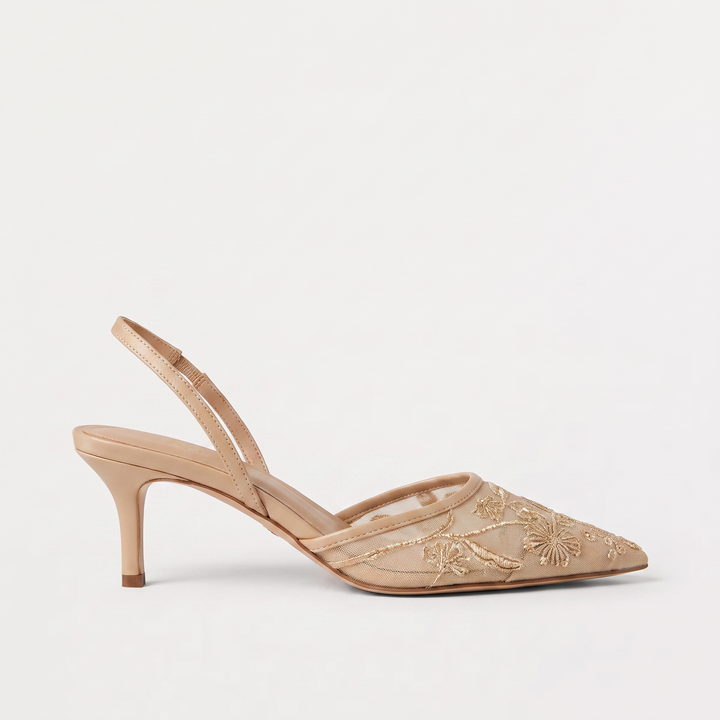 Embroidered Mesh Mule Heels - Pointed Toe
