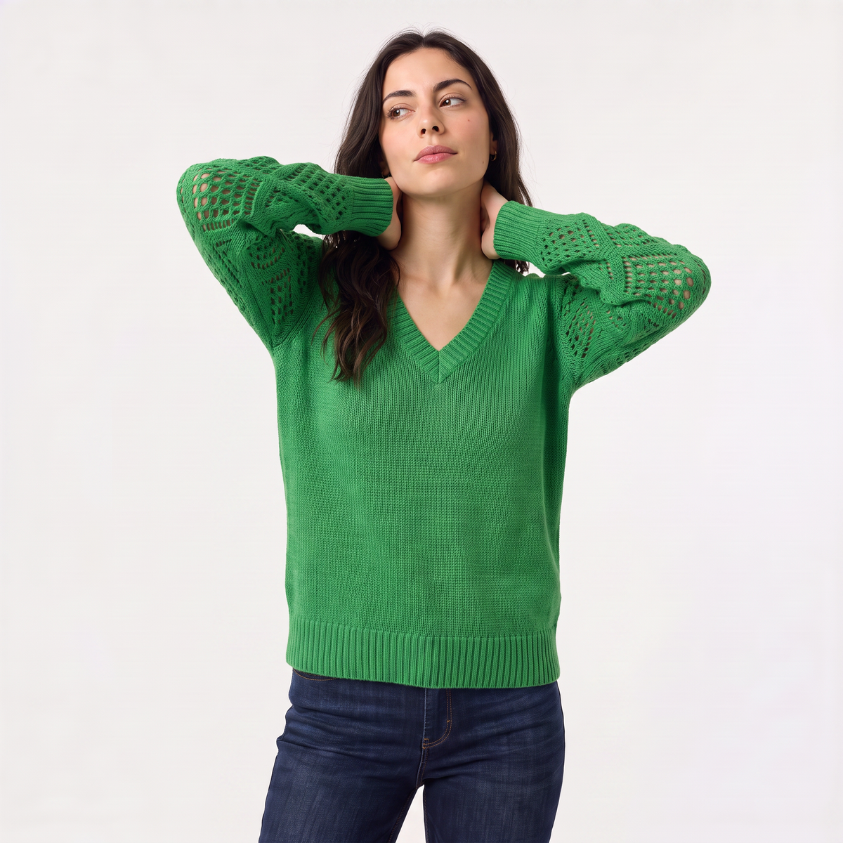 V-Neck Pointelle Sleeve Sweater