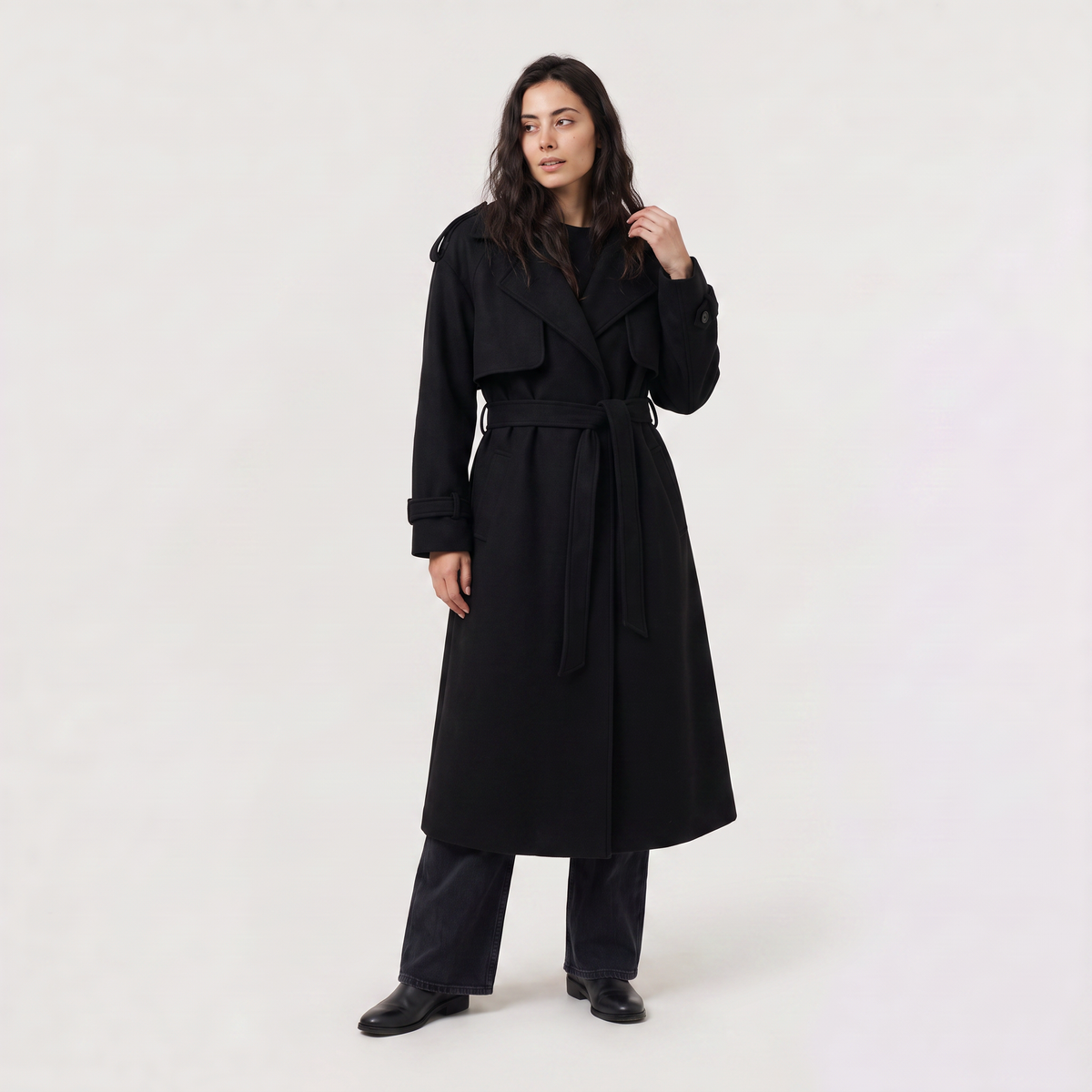 Long Belted Wool Blend Coat