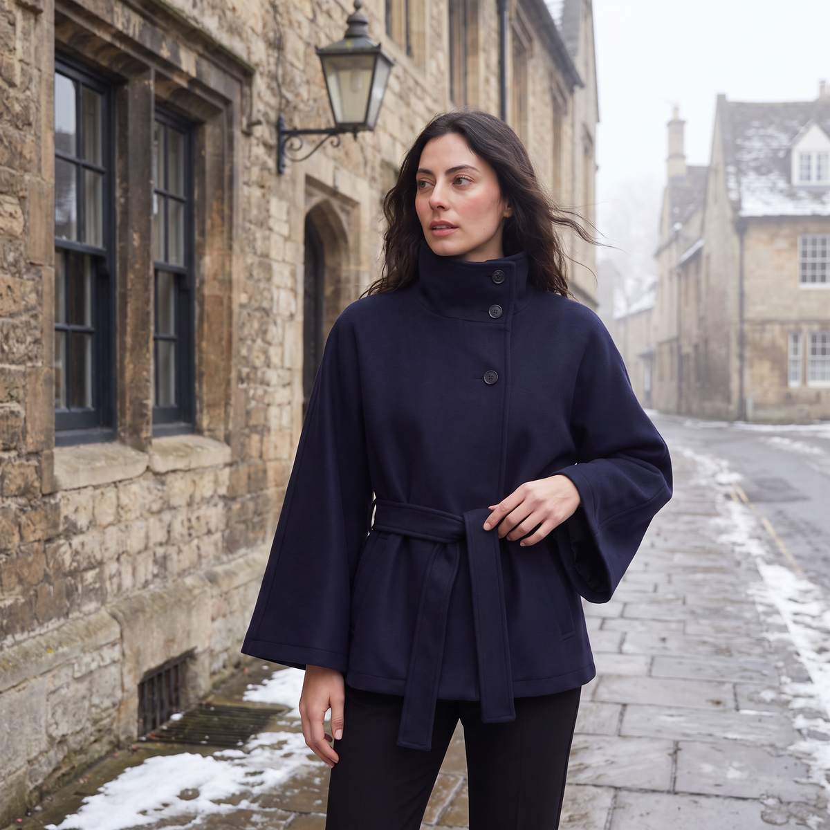 High-Neck Belted Cape Coat
