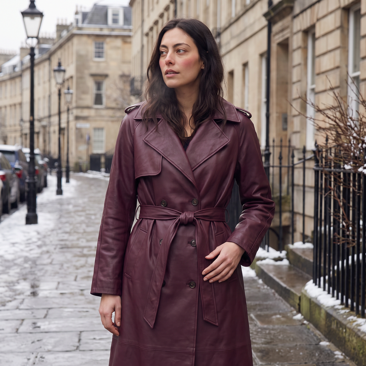 Belted Faux Leather Midi Trench Coat
