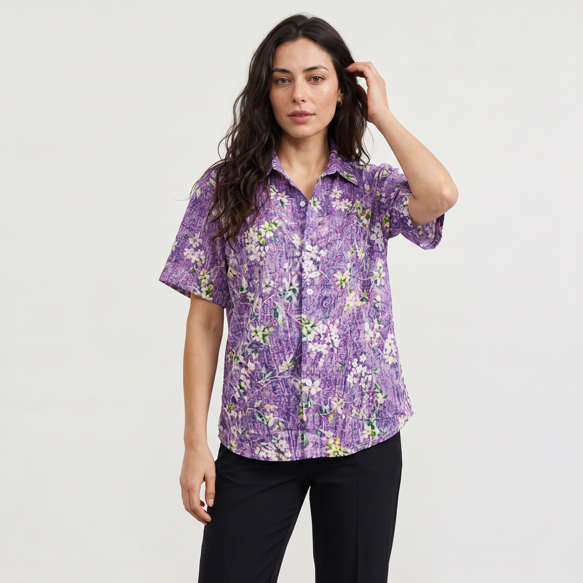 Floral Button Front Short Sleeve Blouse