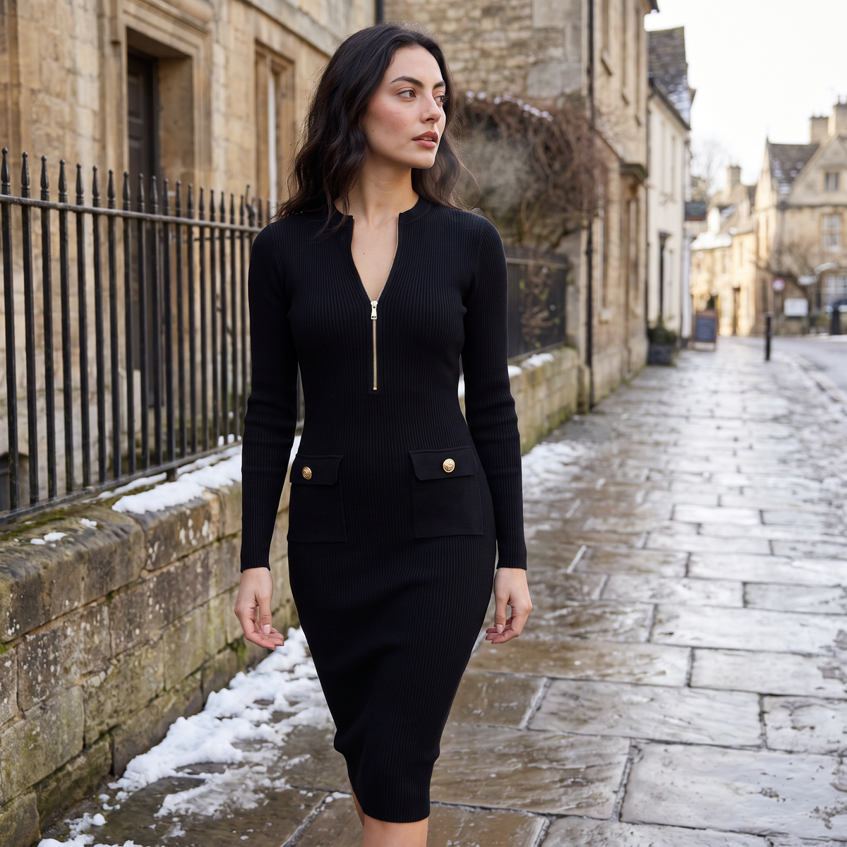Formal Ribbed Knit Zip Midi Dress
