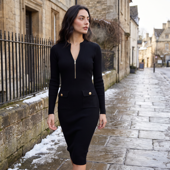 Formal Ribbed Knit Zip Midi Dress