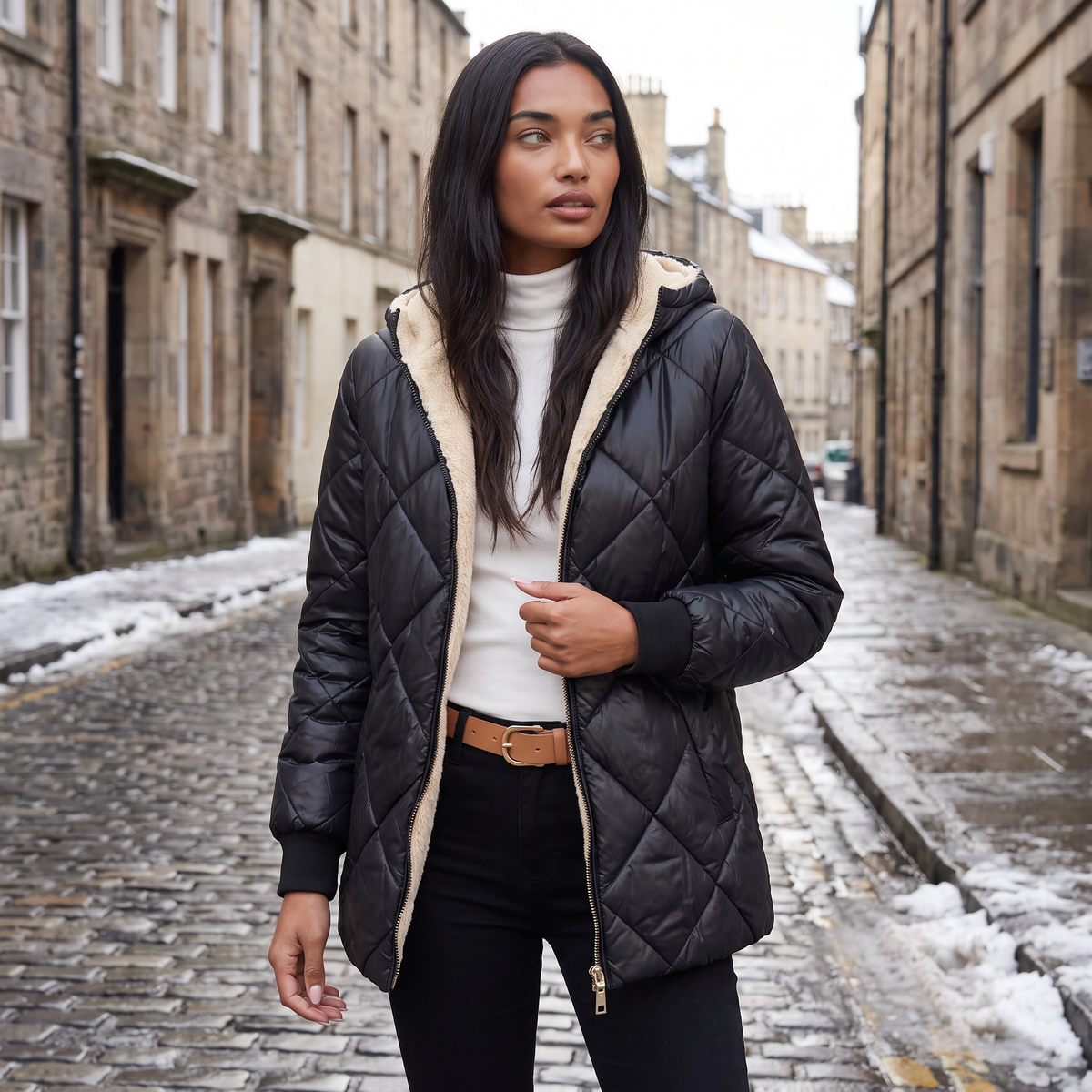 Quilted Hooded Mid-Length Jacket