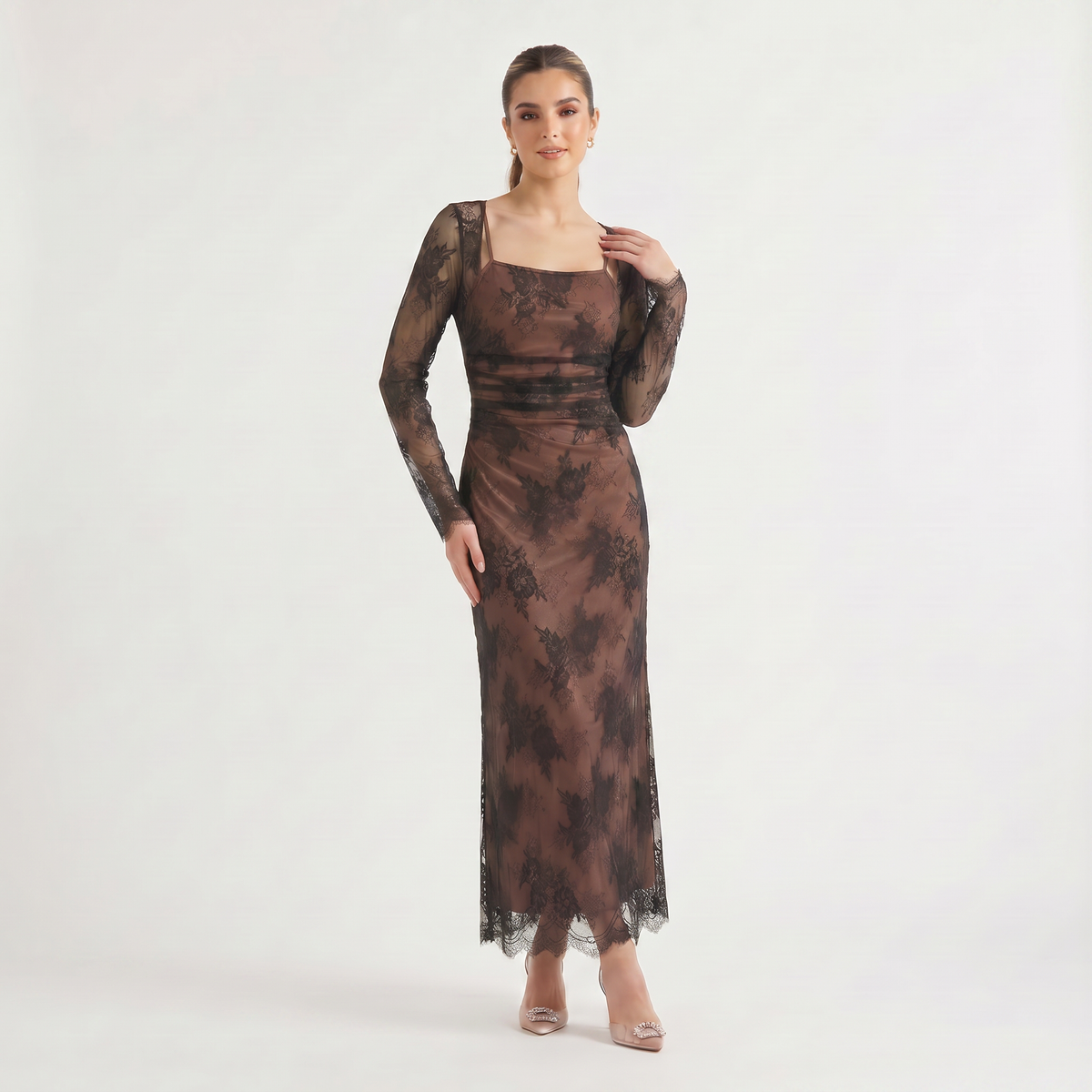 Square Neck Embroidered Long-Sleeve Maxi Dress