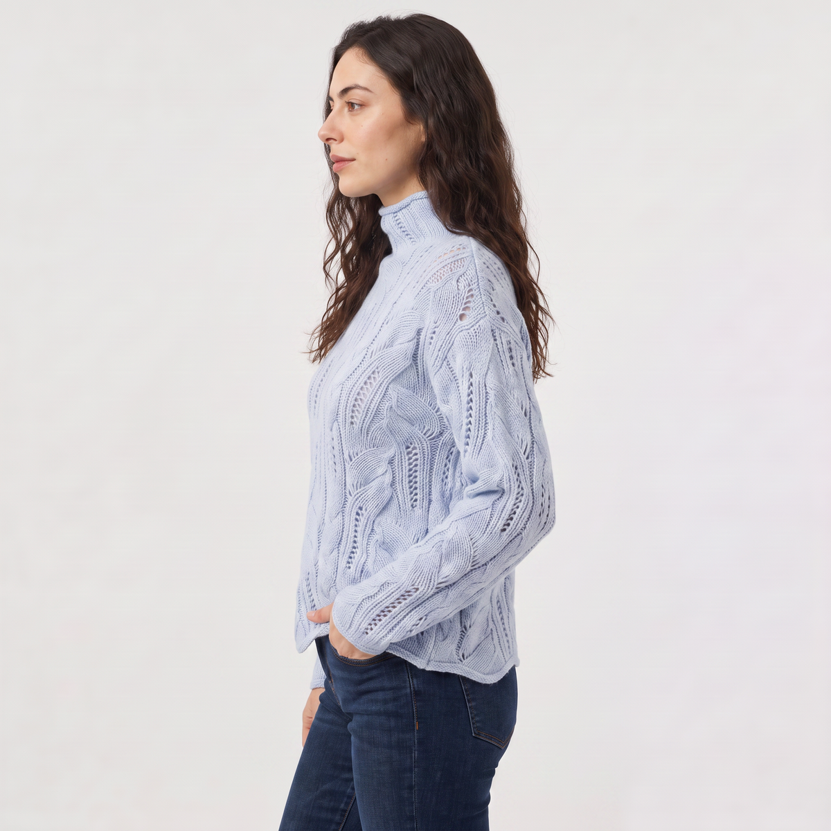 Pointelle Cable Knit Turtleneck Sweater
