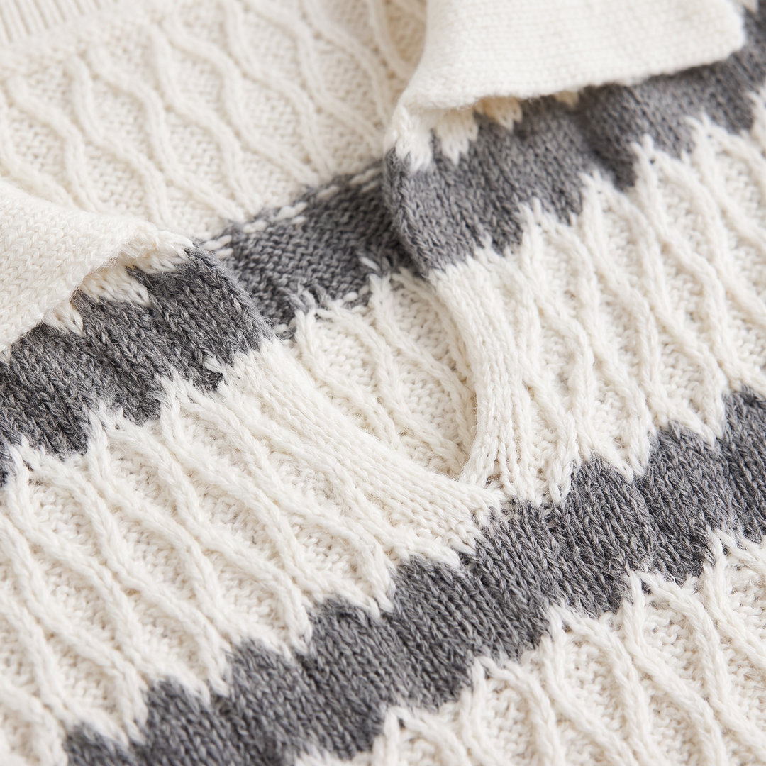 Striped Pointelle Cable Knit Collar Sweater