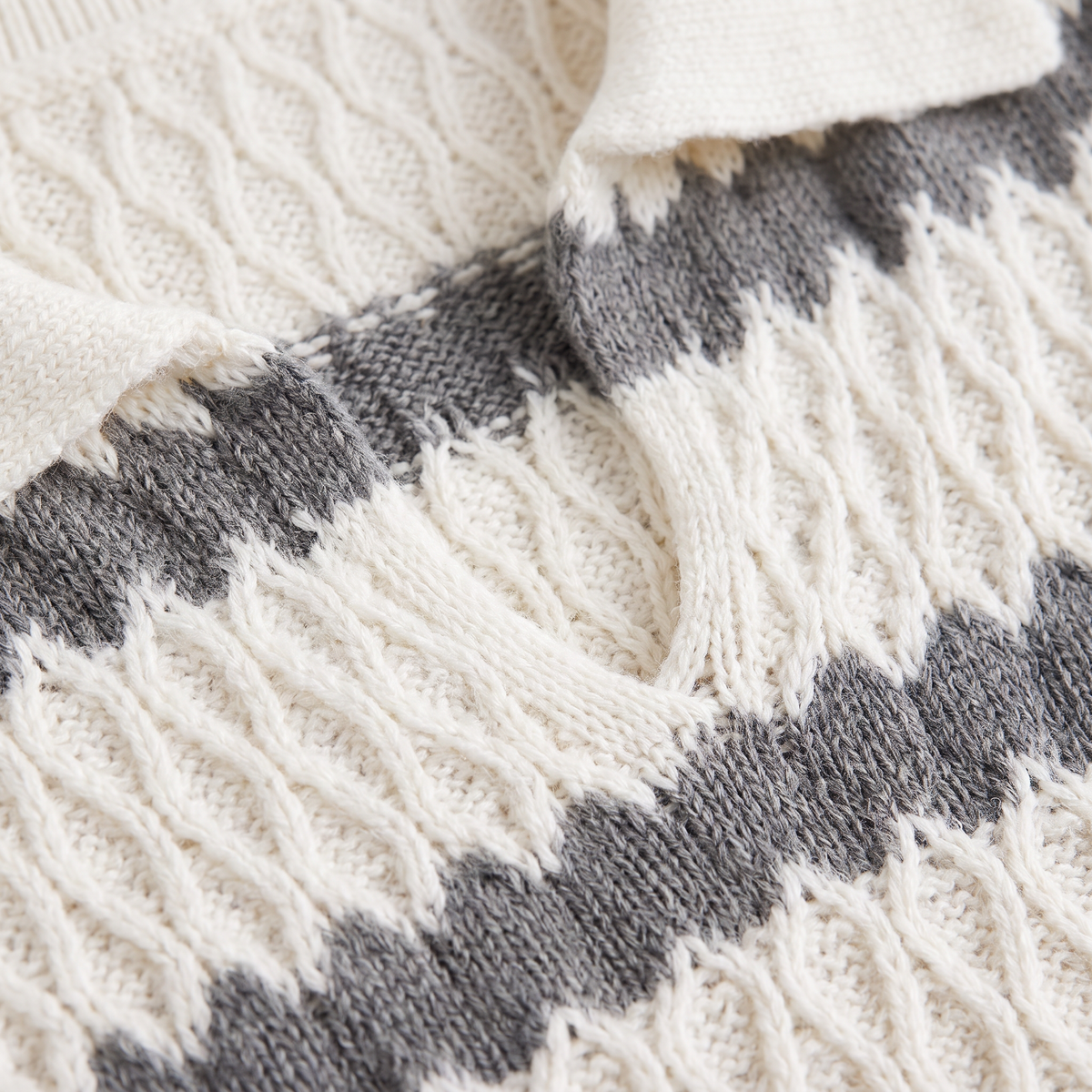 Striped Pointelle Cable Knit Collar Sweater