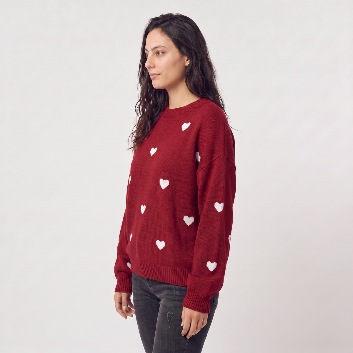 Heart Pattern Knitted Jumper - Drop Shoulder Fit