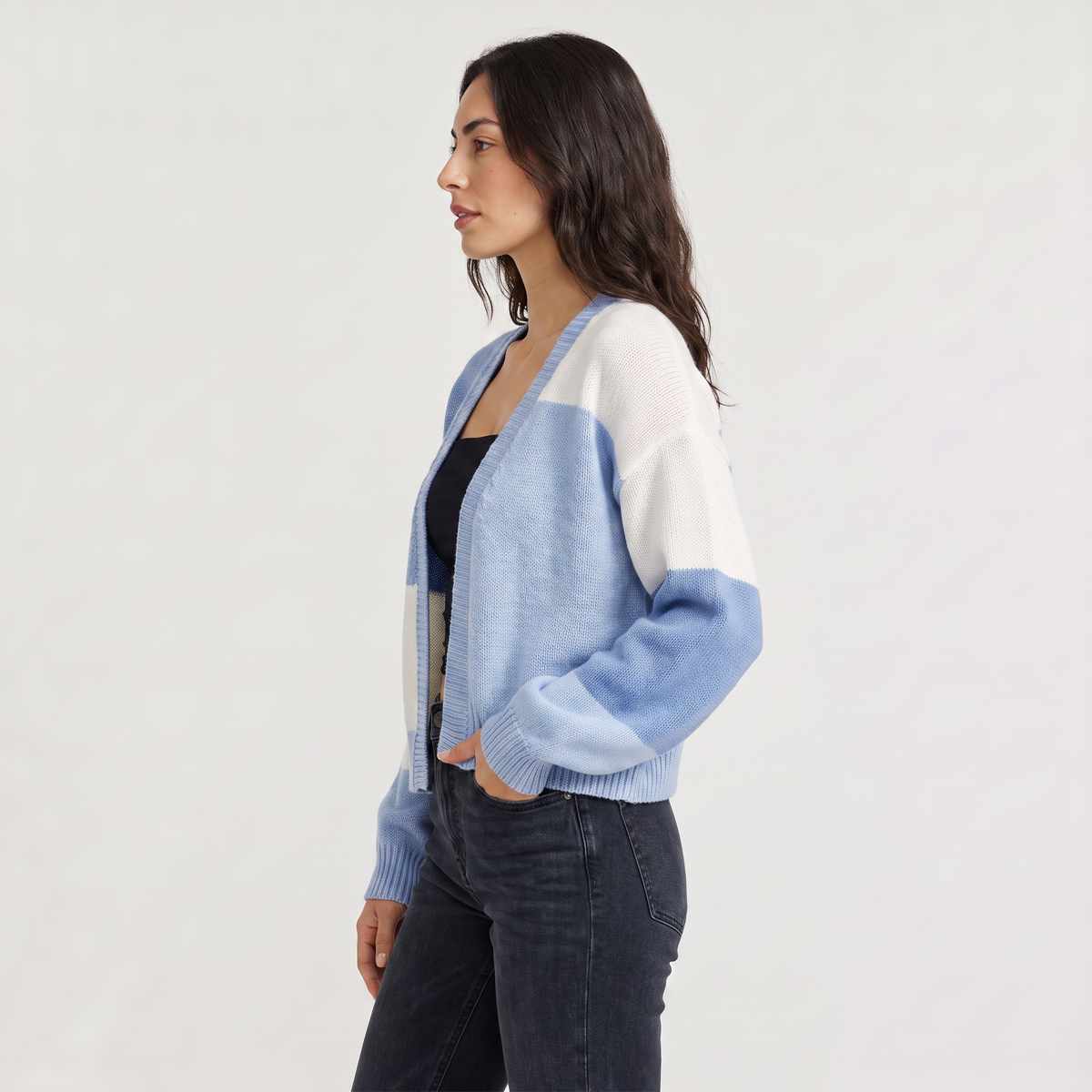 Open Front Cropped Cardigan - Ribbed Cuffs