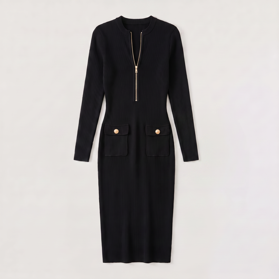 Formal Ribbed Knit Zip Midi Dress