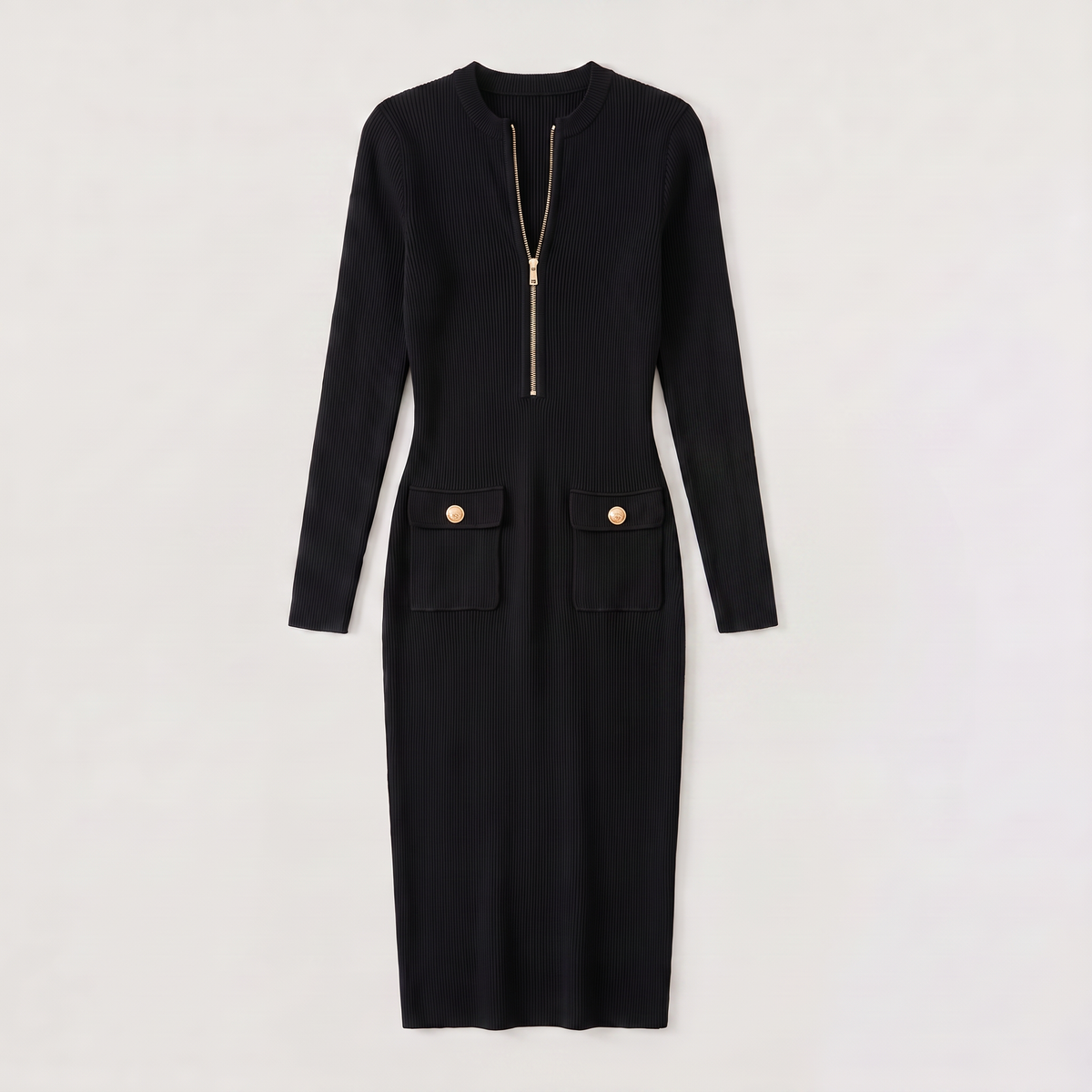 Formal Ribbed Knit Zip Midi Dress
