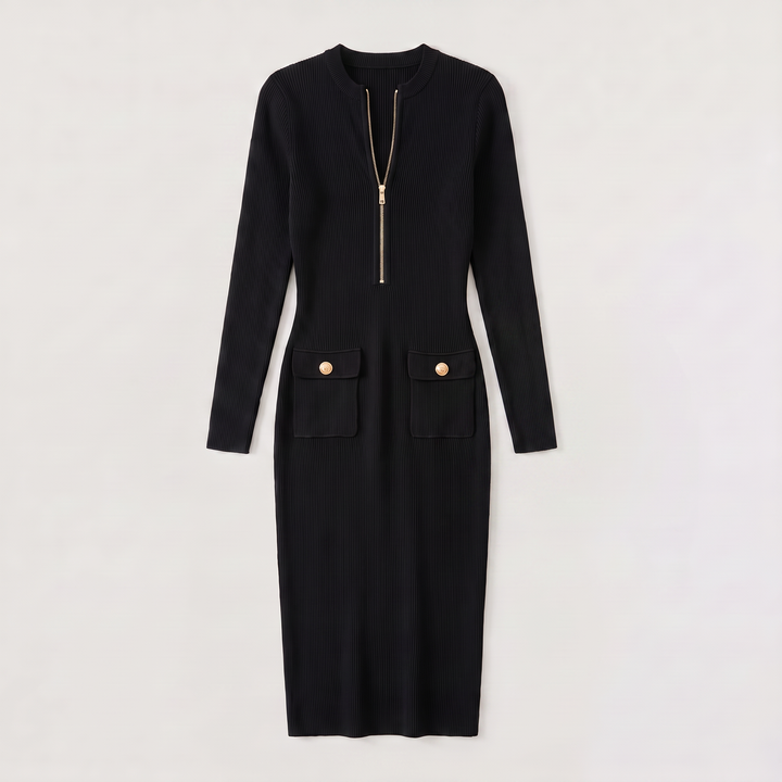 Formal Ribbed Knit Zip Midi Dress