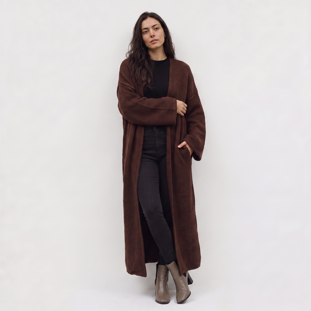 Long Line Open-Front Knit Cardigan