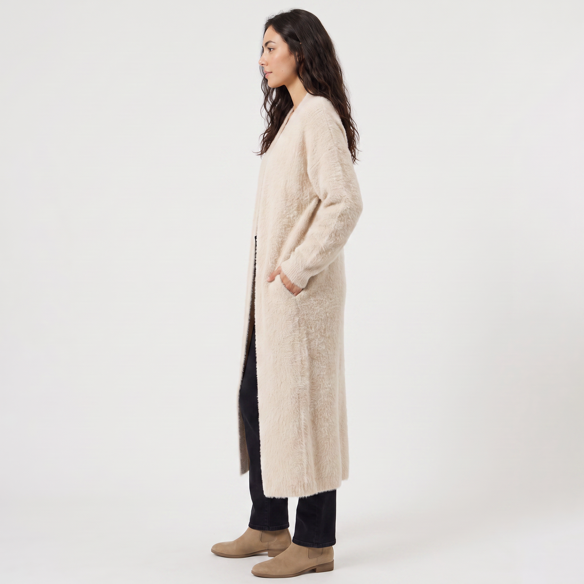Fluffy Longline Open-Front Cardigan
